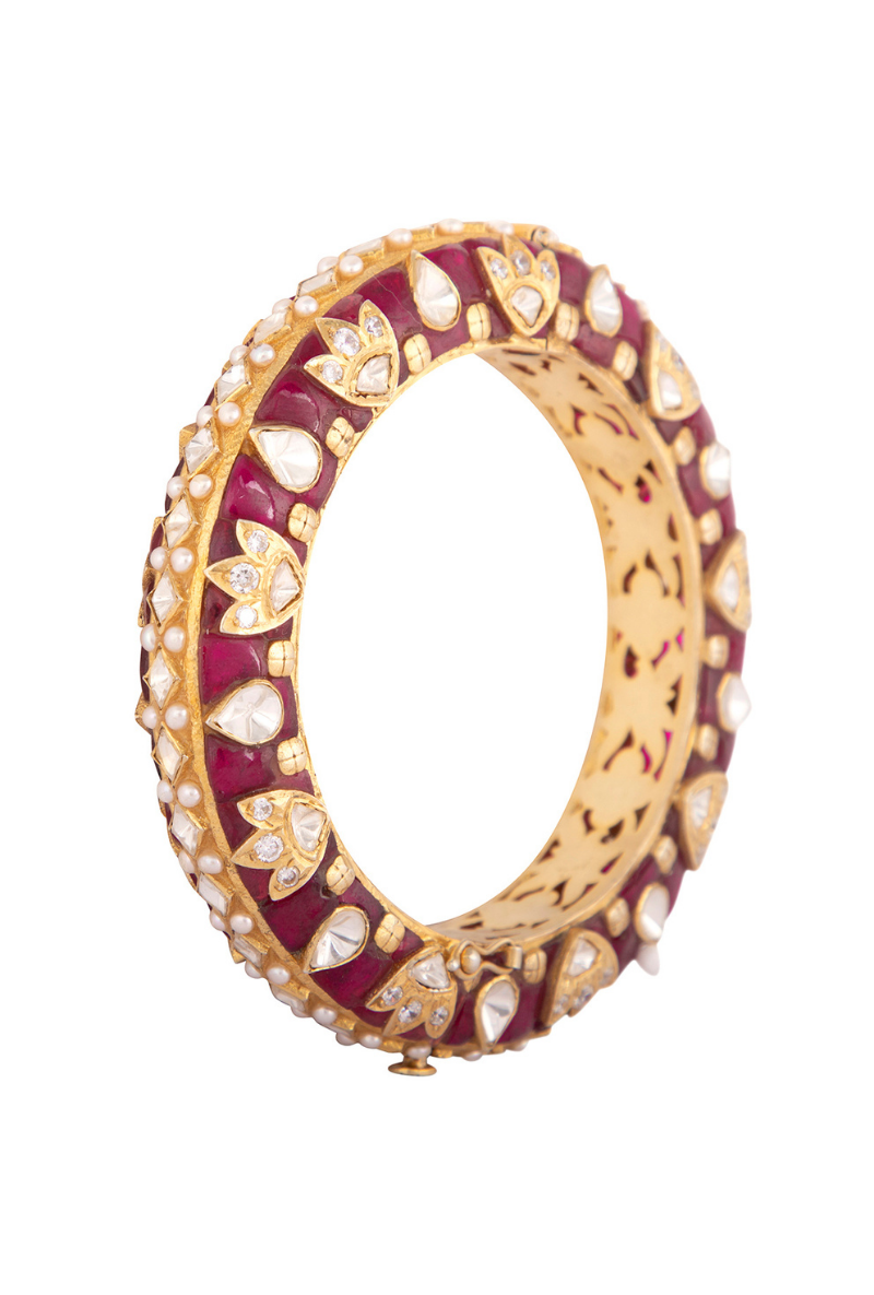 Gold Plated Silver Polki Openable Kada With Red Stones & Pearls