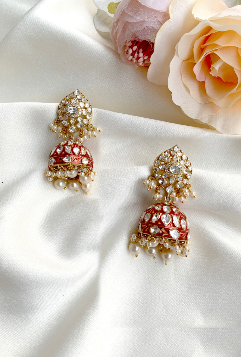 Gold Plated Silver Polki Jhumkis With Red Stone And Pearl Drops