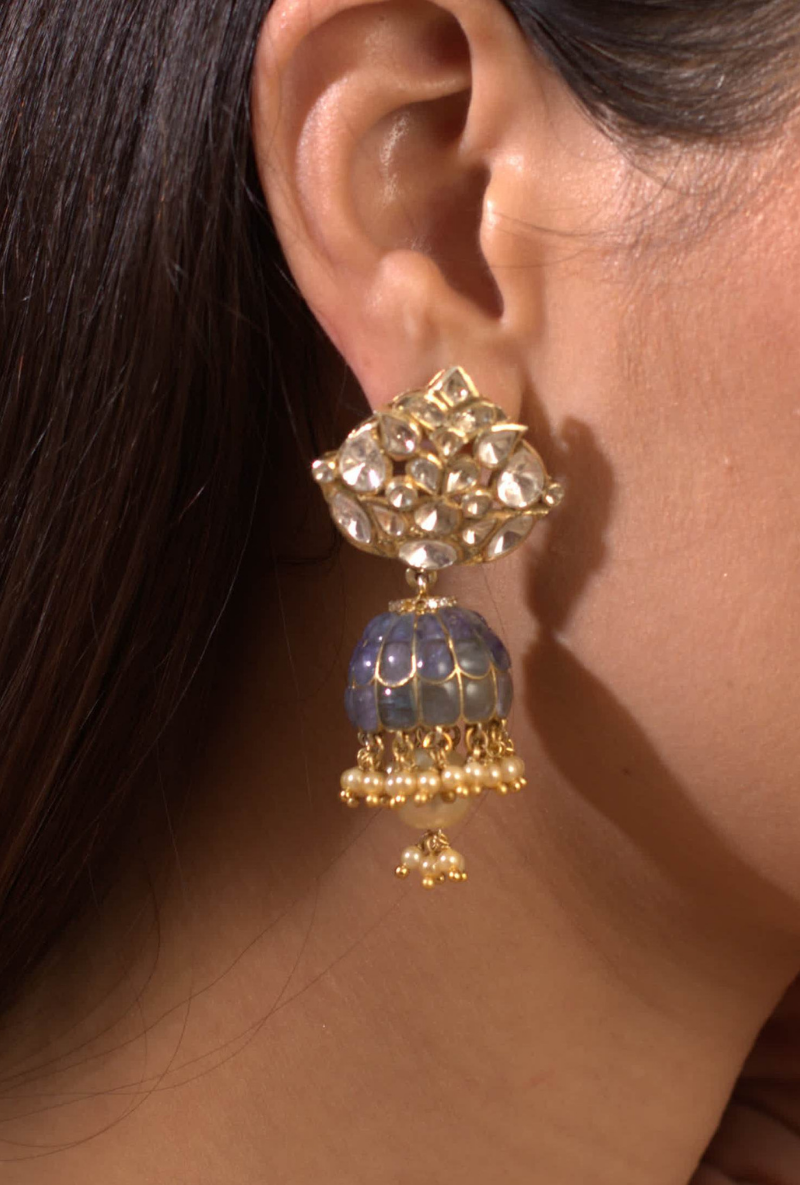 Blue Sapphire & Polki Gold Plated Silver Jhumki