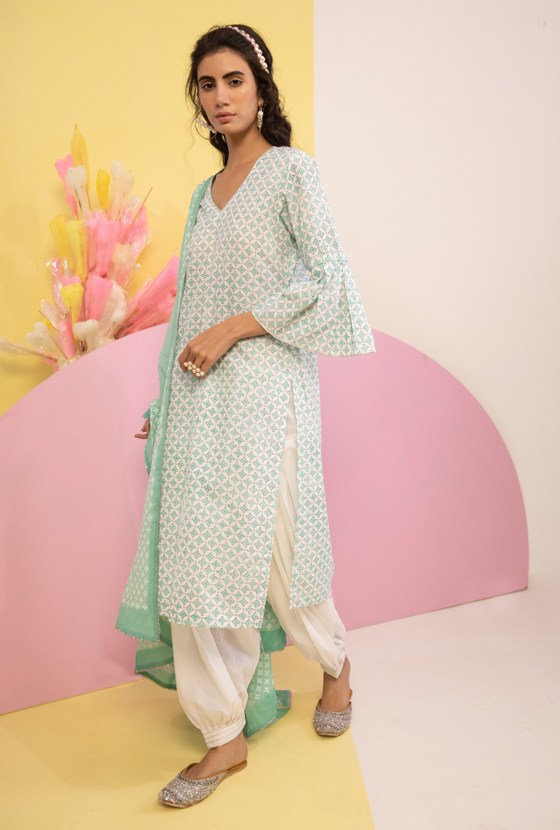 Aqua Cotton Candy Frill Sleeve Kurta Set