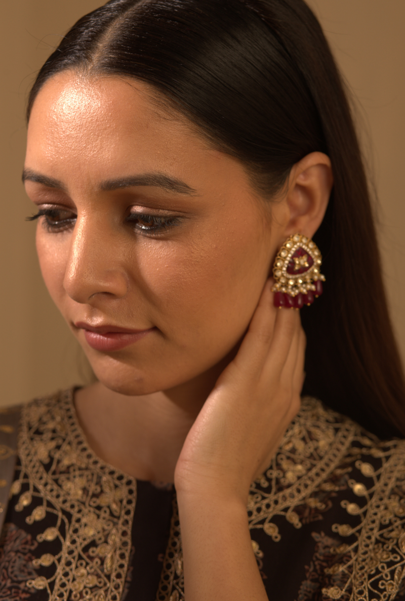 Gold Plated Silver Triangular Earrings With Polki & Ruby Drops