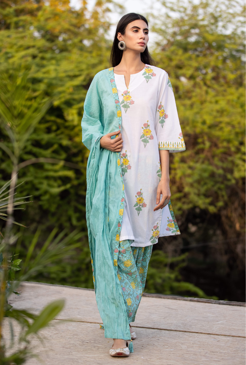 Ivory/Aqua Pankhuri Salwar Kurta Set