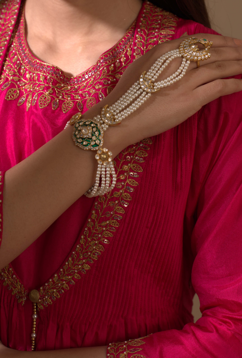 Gold Plated Silver Polki Hathphool With Green Enamel & Pearls