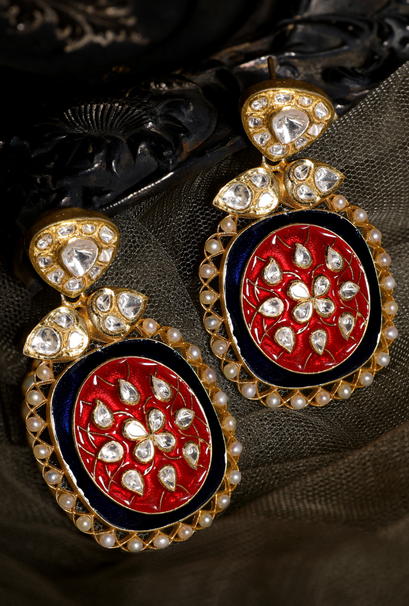 Gold Plated Polki Silver Earrings With Red & Blue Enameling
