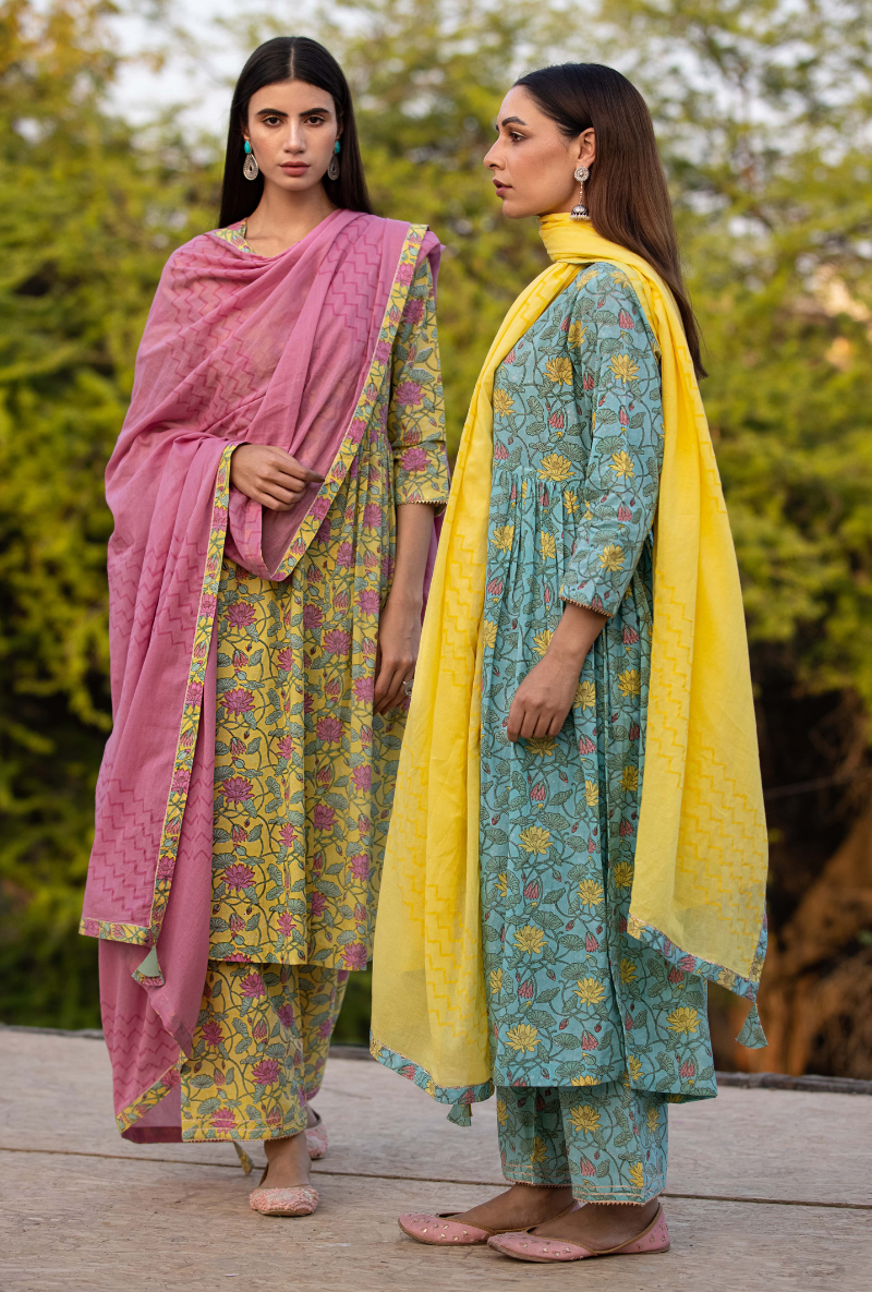 Yellow/Pink Pankhuri Anarkali Kurta Set