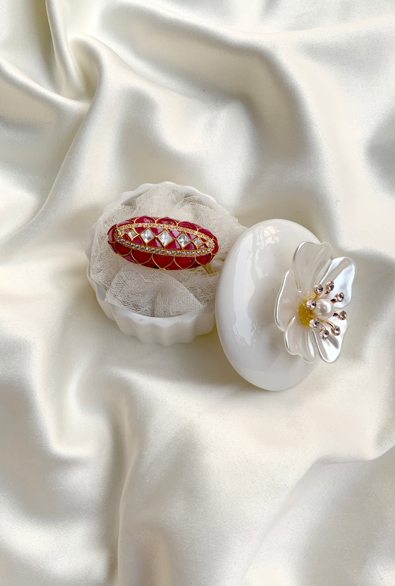 Gold Plated Silver Red Utarai & Polki Boat Shape Ring