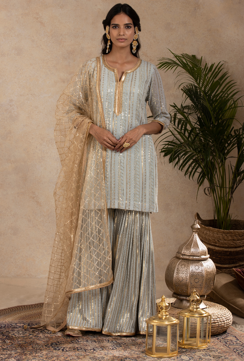 English Blue Sitara Gharara Set