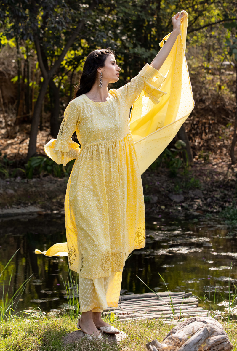Yellow Frill Sleeve Titlie Anarkali Set
