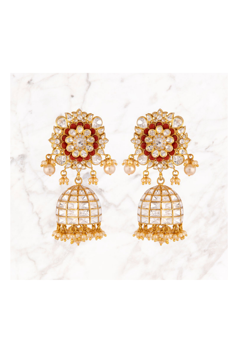 Gold Plated Silver Polki Jhumkis With Coral & Pearl Drops