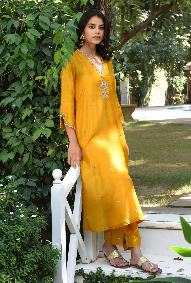 Yellow Chaand Motif Kurta Set