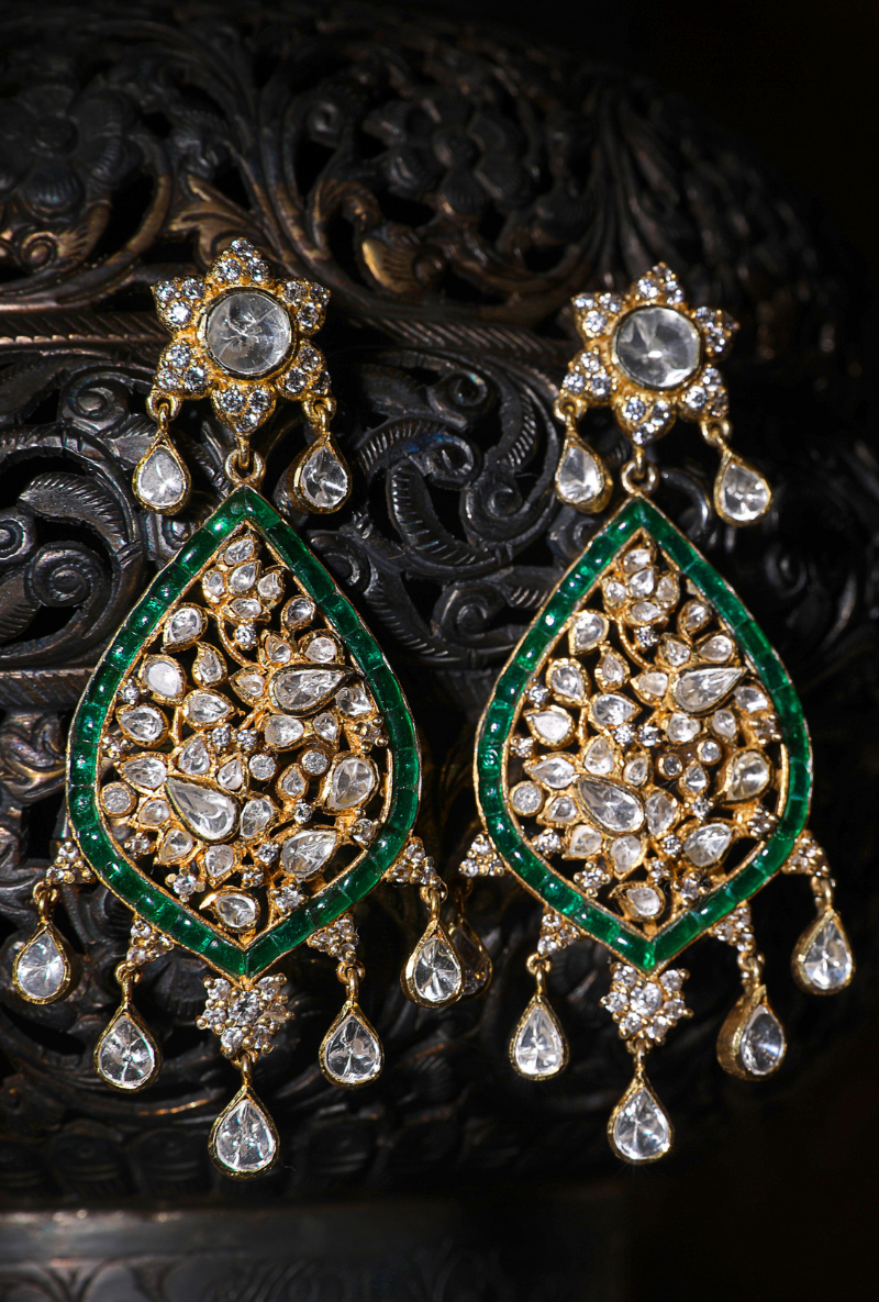 Polki & Green Stone Gold Plated Silver Earrings