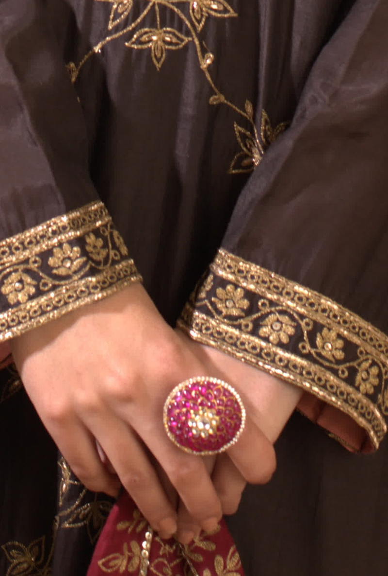 Gold Plated Silver Ring With Red Stones & Polki