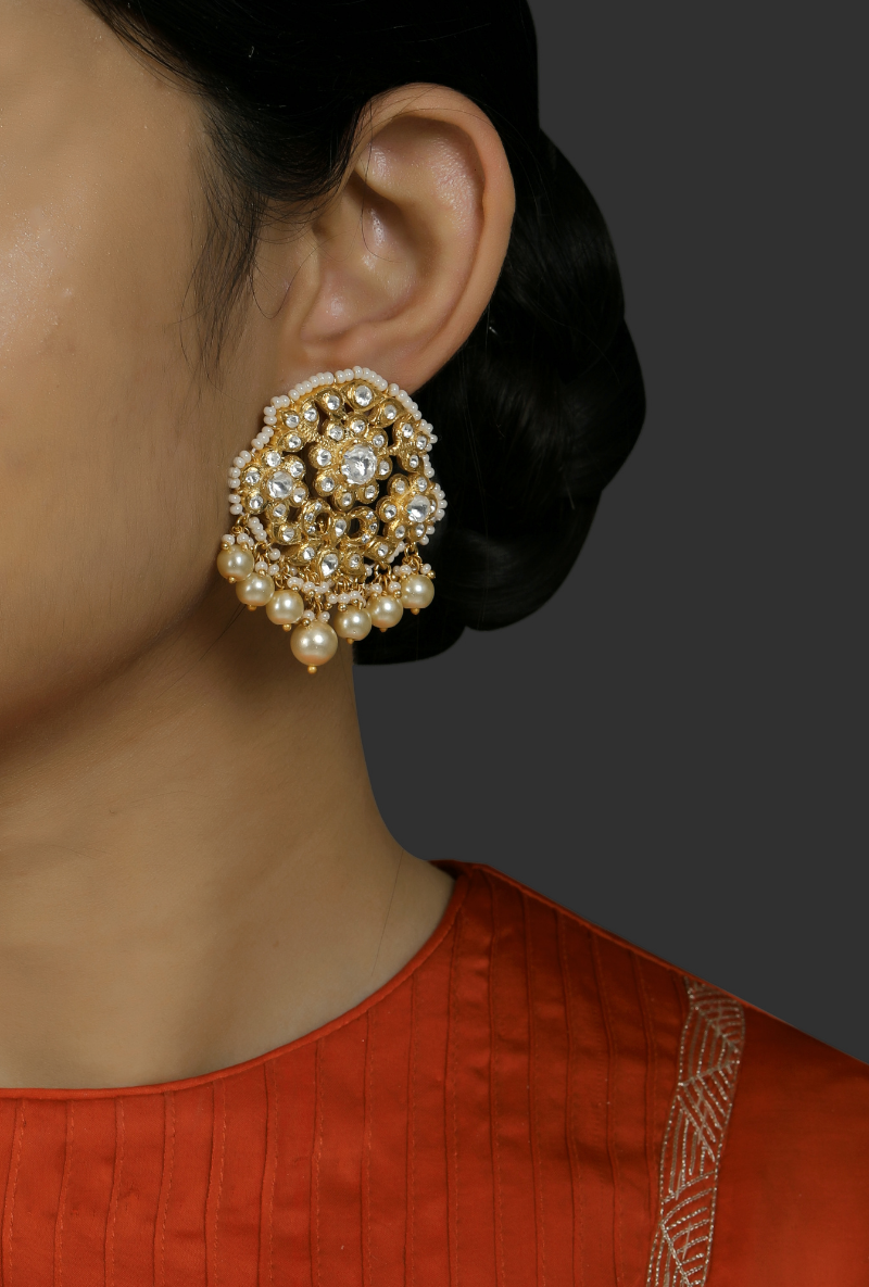 Gold Plated Silver All Polki Ear Studs With Fresh Water Pearl Drops