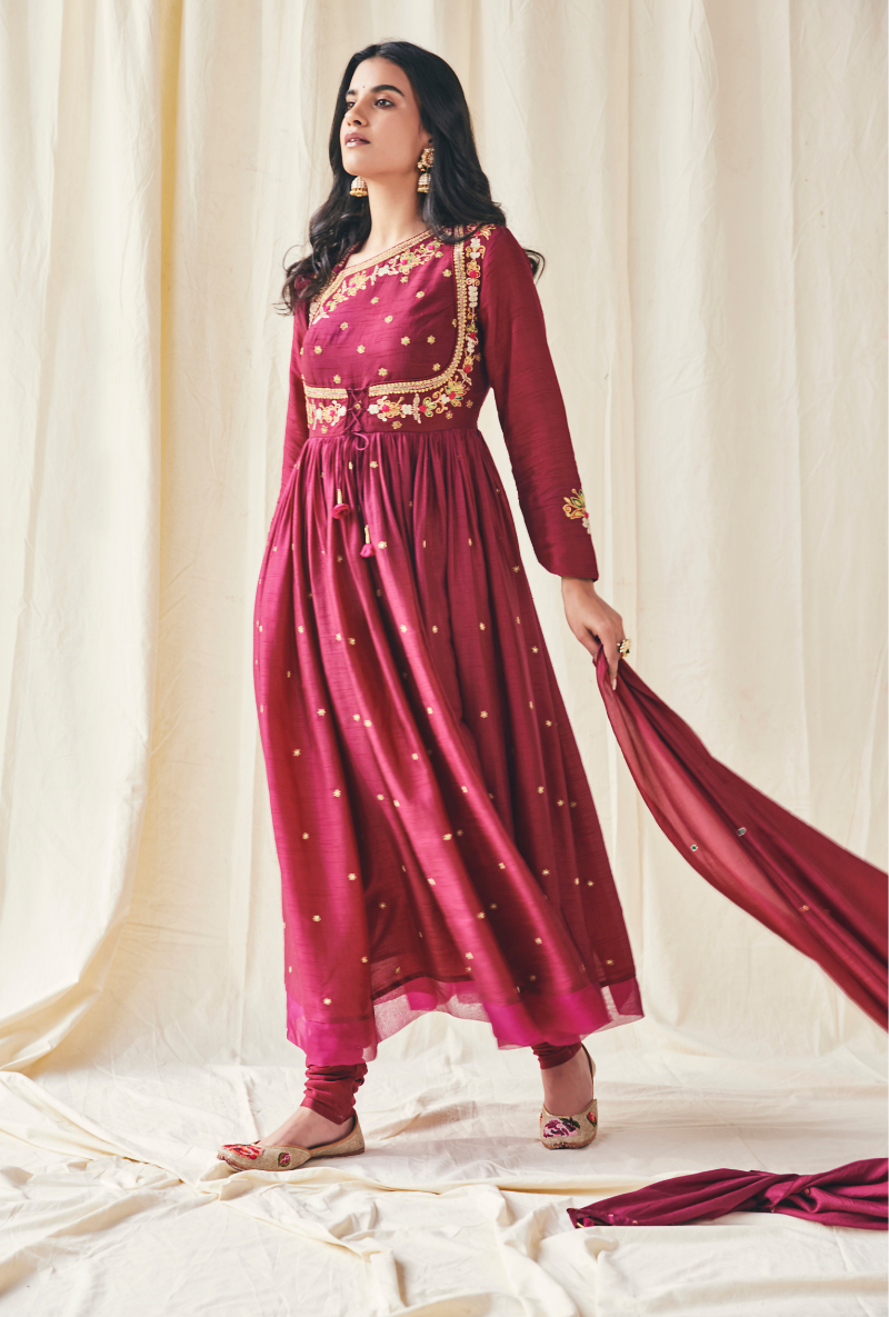Wine Floral Yolk Meera Anarakli Set