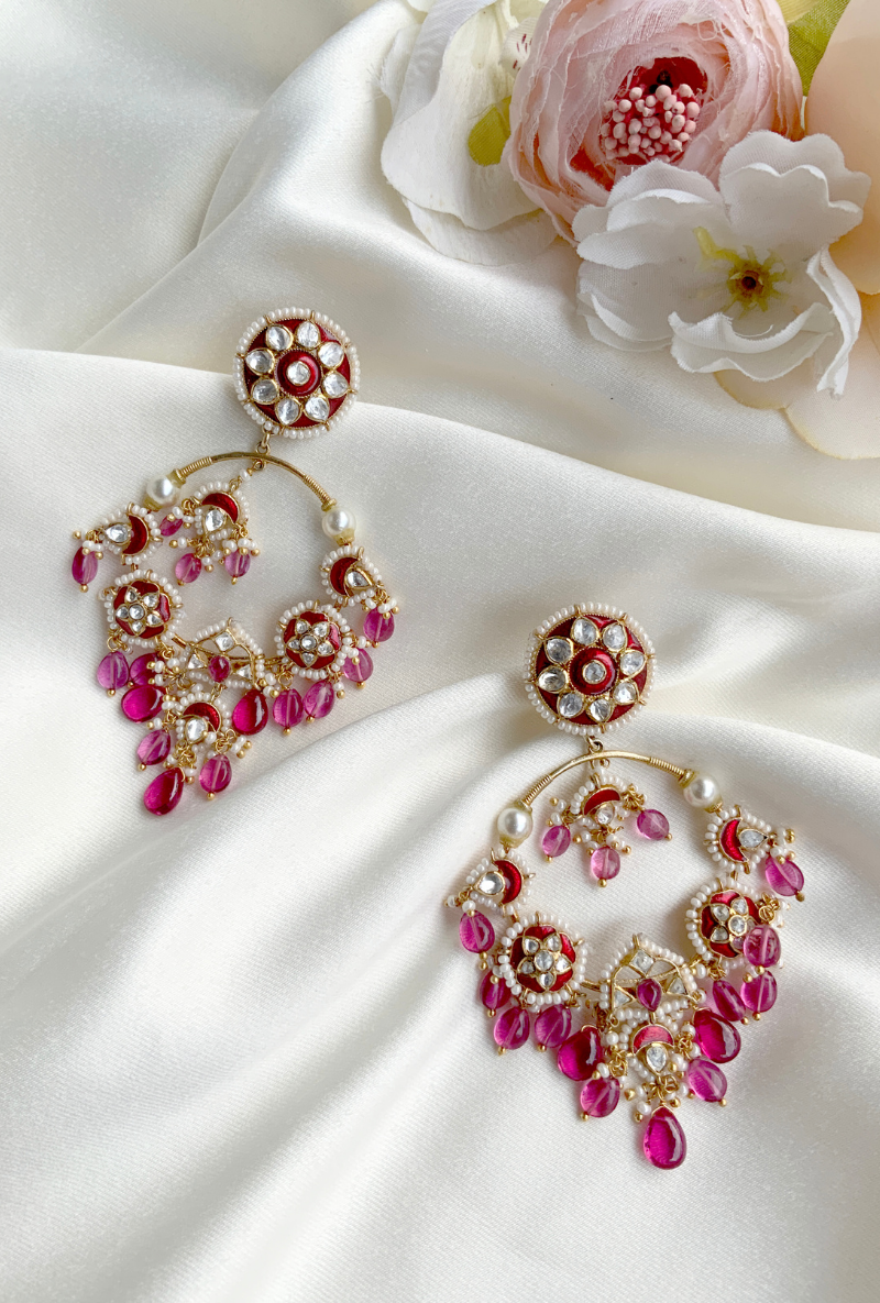 Gold Plated Silver Tourmaline & Ruby Bead Chandbali With Red Enamel