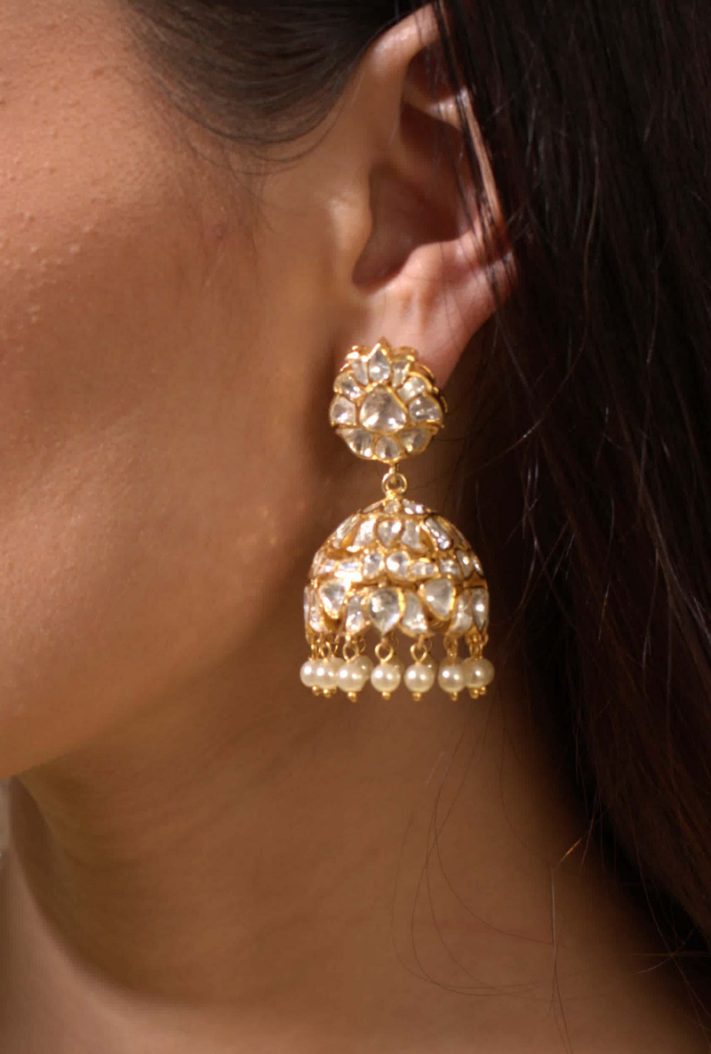 All White Polki Gold Plated Silver Jhumki