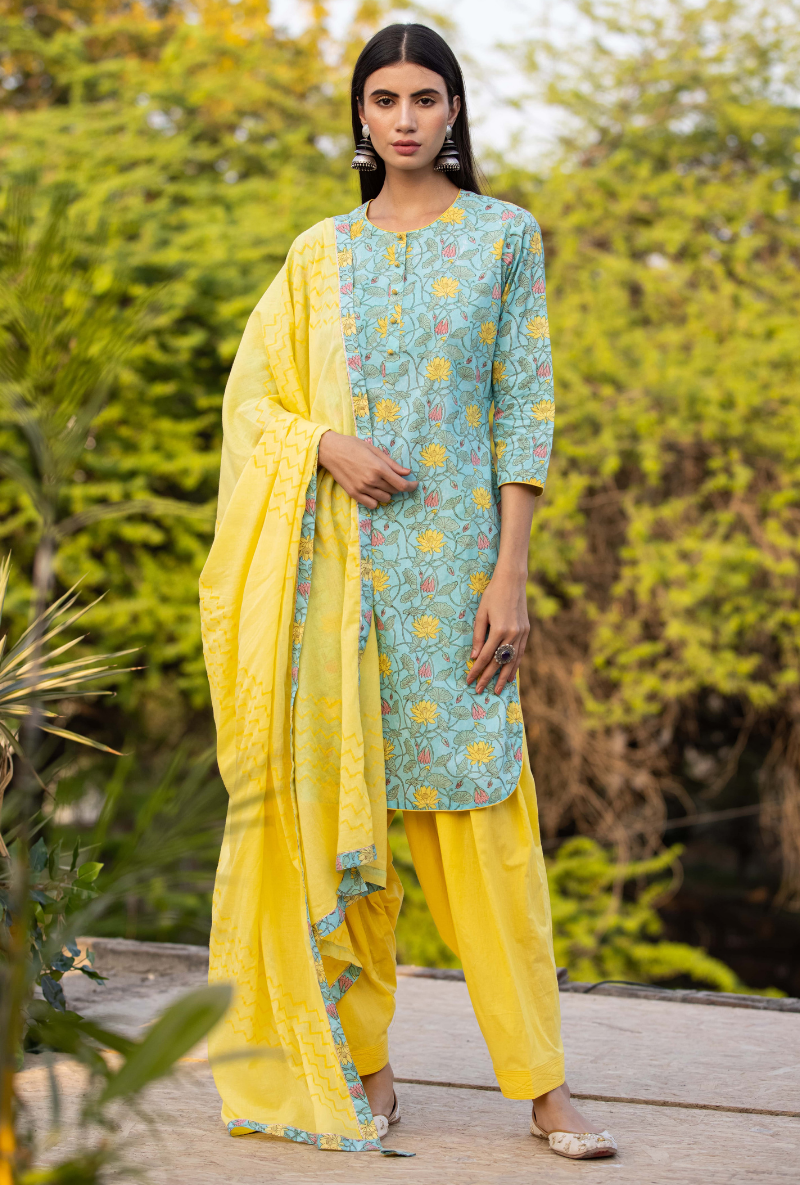 Aqua/Yellow Pankhuri Salwar Kurta Set