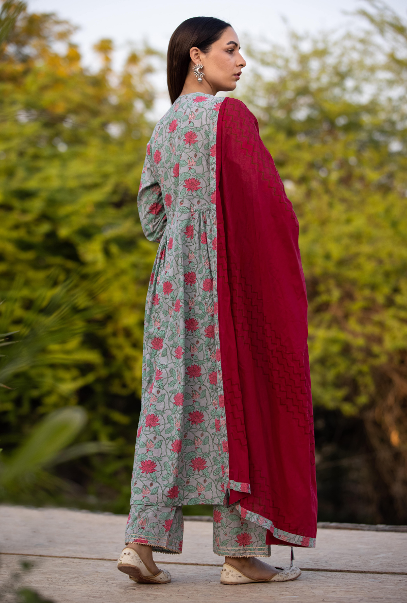 Grey/Red Pankhuri Anarkali Kurta Set