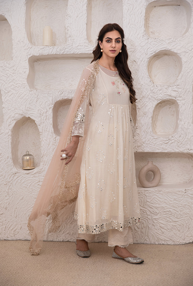 Ivory Mirror And Resham Work Kurta Set