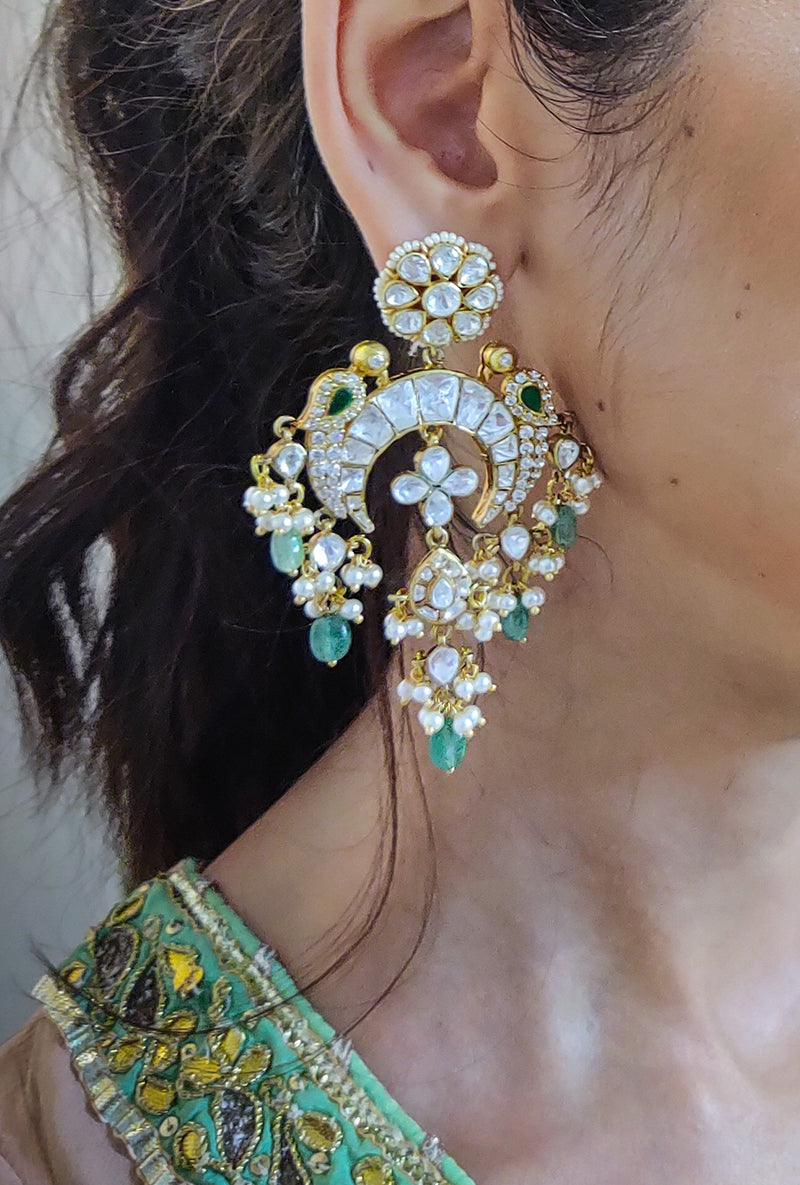 Gold Plated Silver Bird Motif Chandelier Earring With Emerald & Pearl Drop