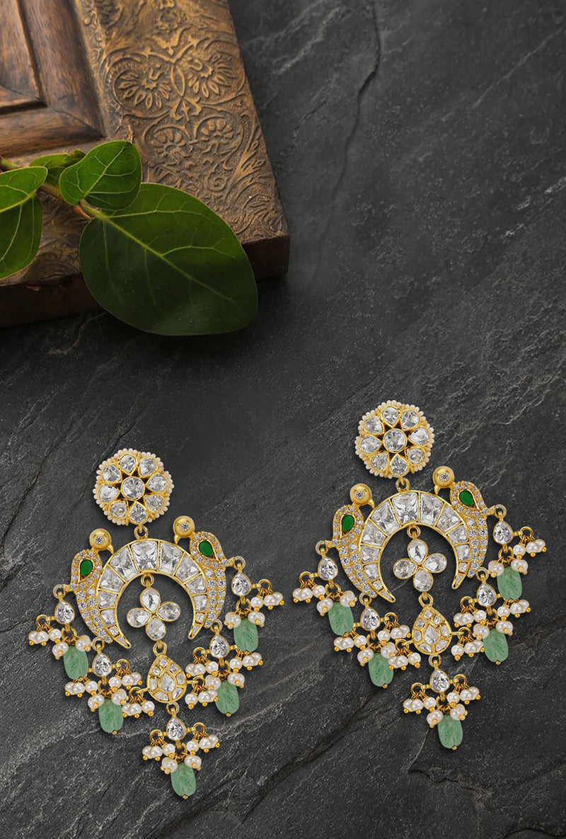Gold Plated Silver Bird Motif Chandelier Earring With Emerald & Pearl Drop