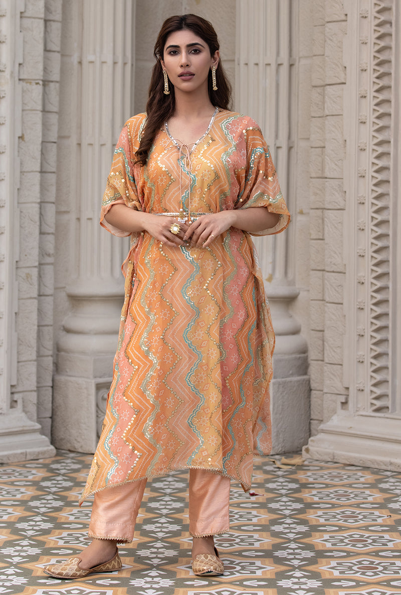 Peach Bandhani Print Sitara 2.0 Kaftan Set