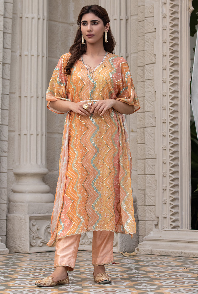 Peach Bandhani Print Sitara 2.0 Kaftan Set