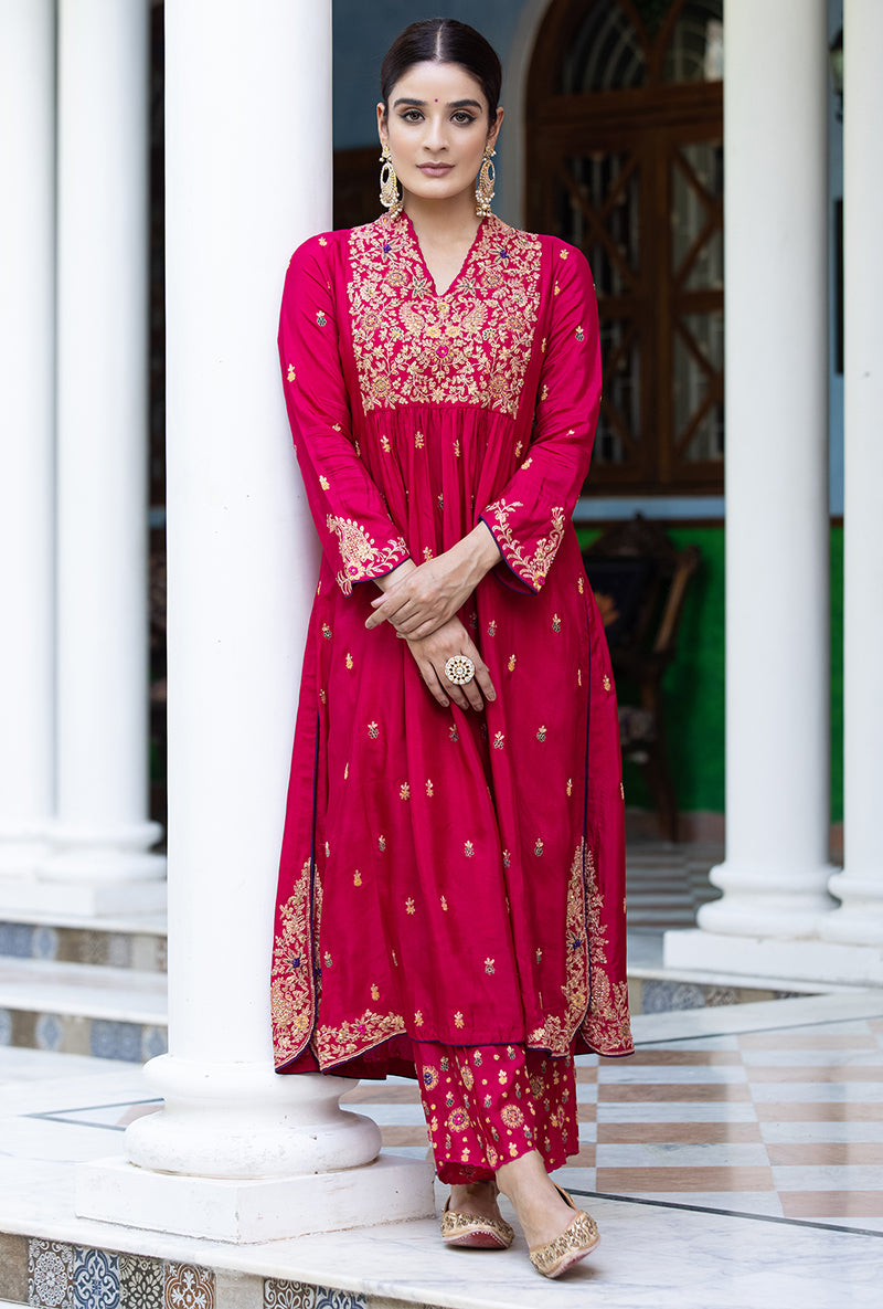Pink Kairi Buta Front Pleat Zeenat Kurta Set