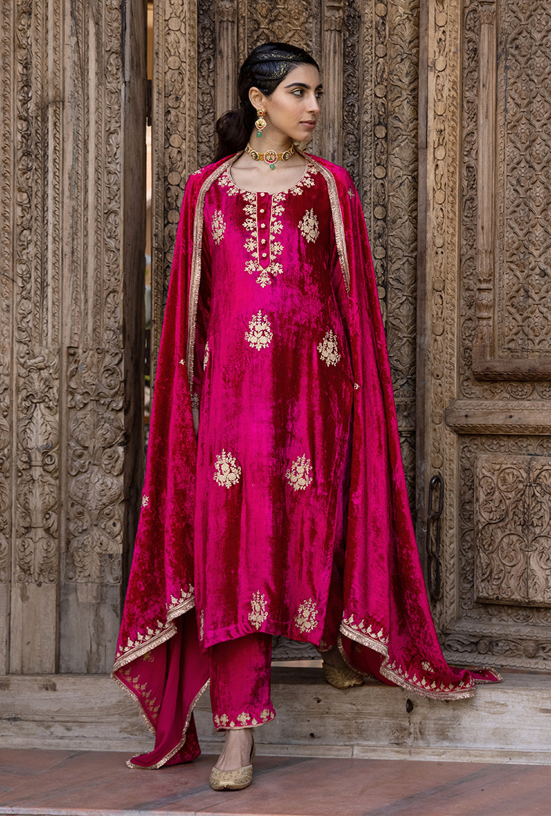 Rani Pink Velvet Classic Falak Kurta Set