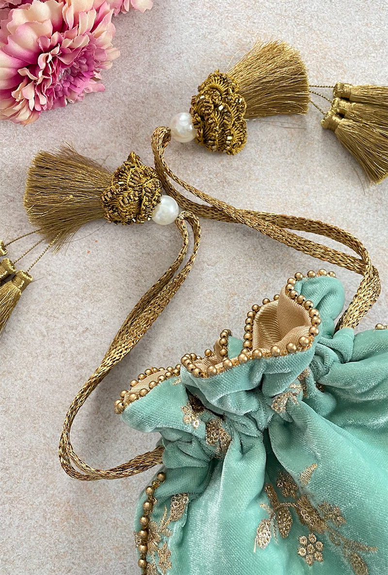 Turquoise Velvet Potli
