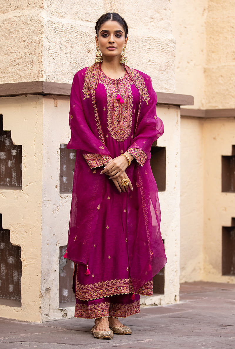 Wine Heavy Marodi Long Ulfat Kurta Set