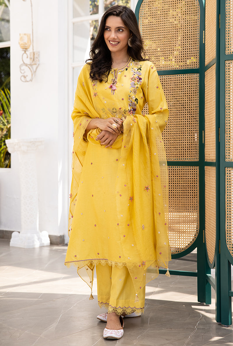 Yellow French Knot Handkerchief Suhaani Kurta Set