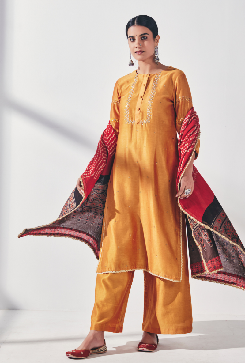 Yellow Mirror Work Fiza Kurta Set