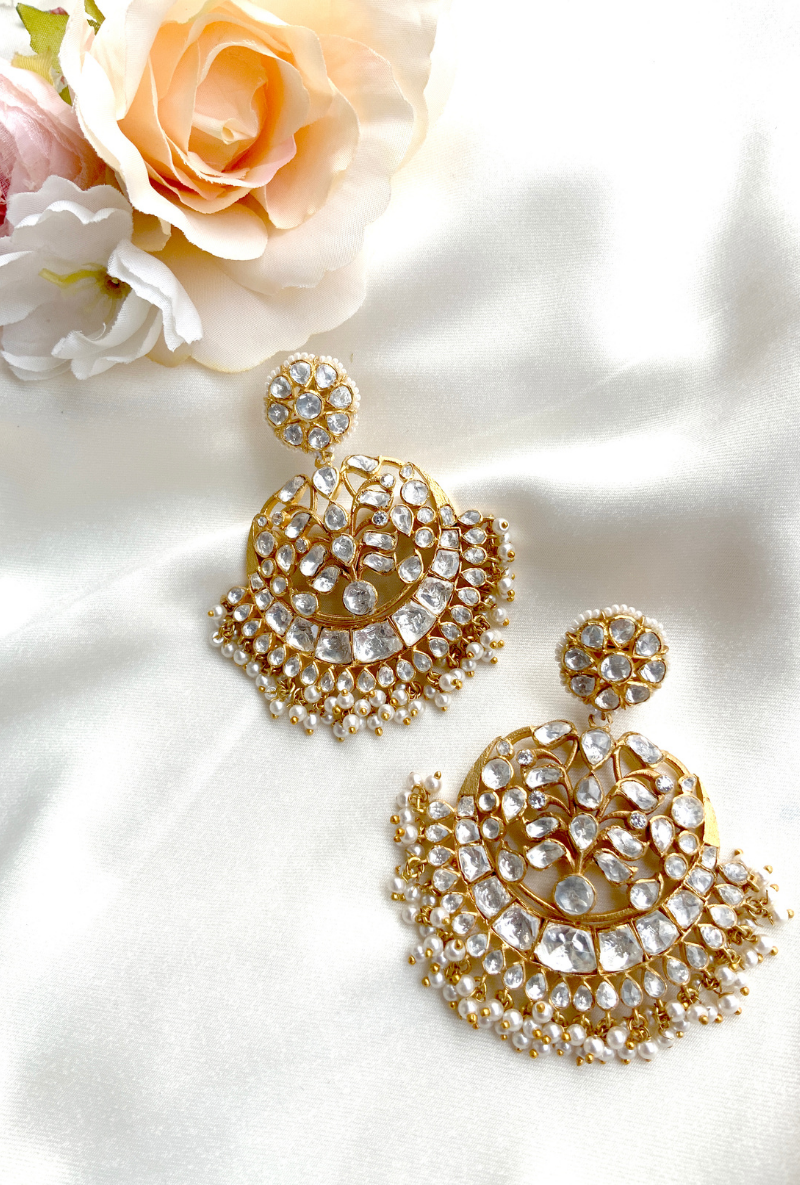 All White Polki Gold Plated Silver Chandbalis With Pearl Drops