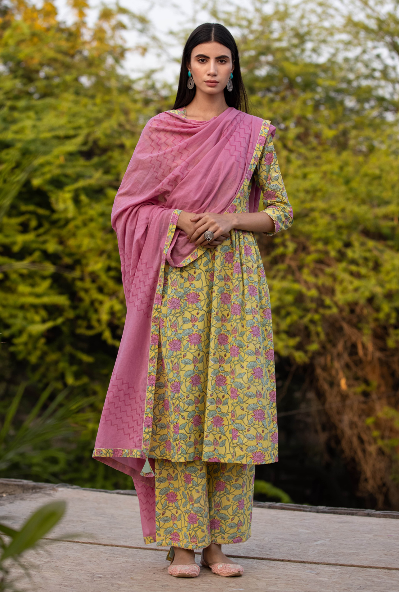Yellow/Pink Pankhuri Anarkali Kurta Set