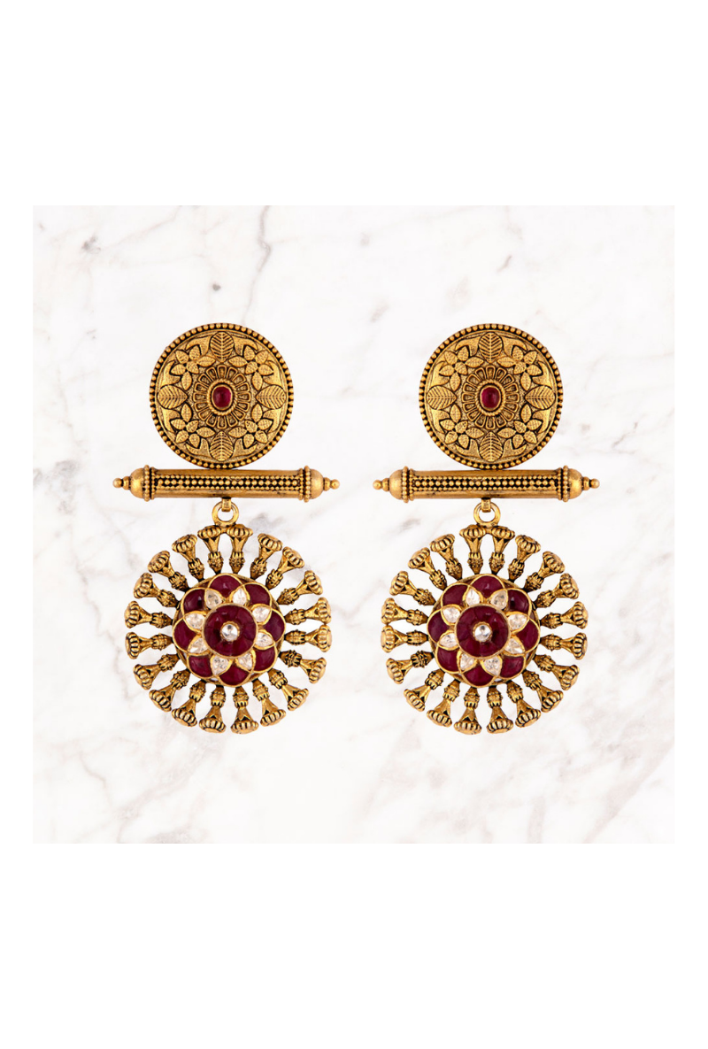 Gold Plated Silver Floral Texture Earrings With Polki & Red Stones