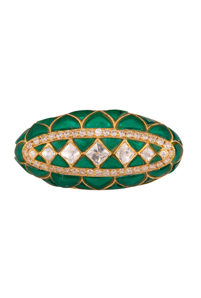 Gold Plated Silver Two Finger Ring With Green Stones & Polki