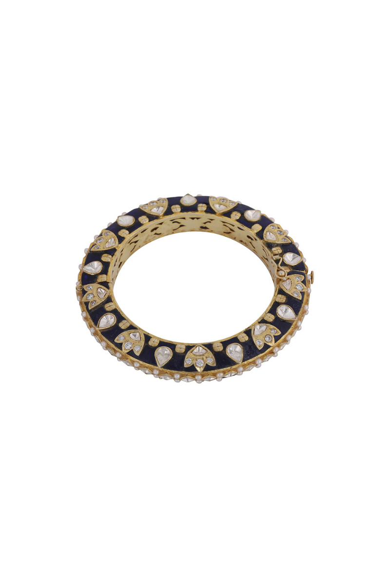 Gold Plated Silver Polki Openable Kada With Blue Stones & Pearls