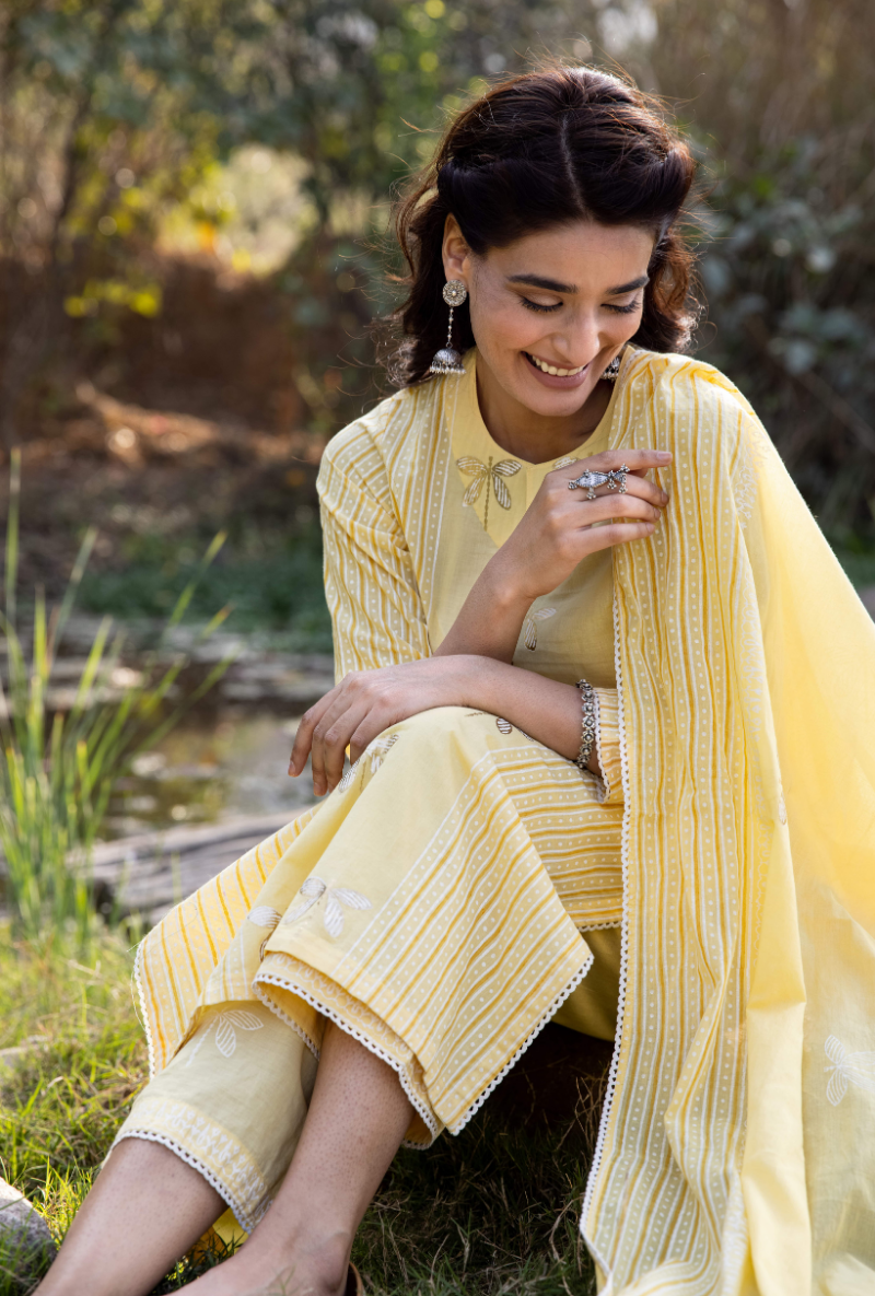 Yellow/Ivory Titlie Straight Panel Kurta Set