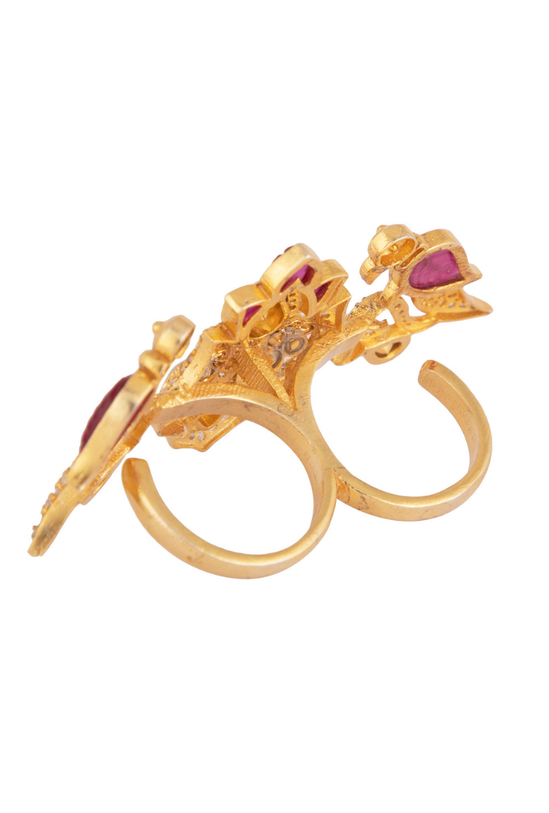 Gold Plated Silver Two Finger Ring With Red Carved Stones & Polki