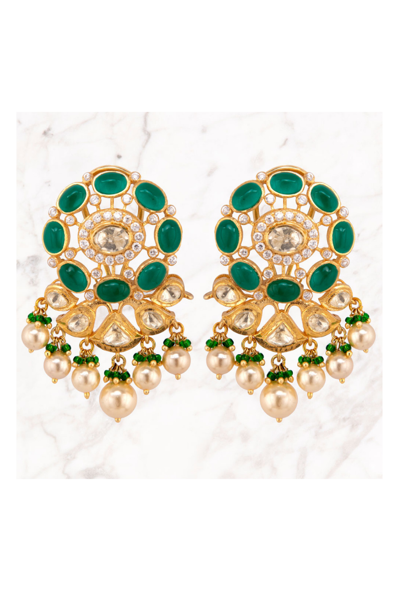 Polki & Green Stone Gold Plated Silver Earrings With Pearl Drops