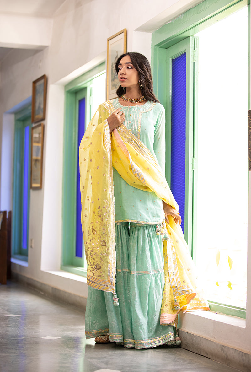 Aqua And Yellow Mastaani Gharara Set