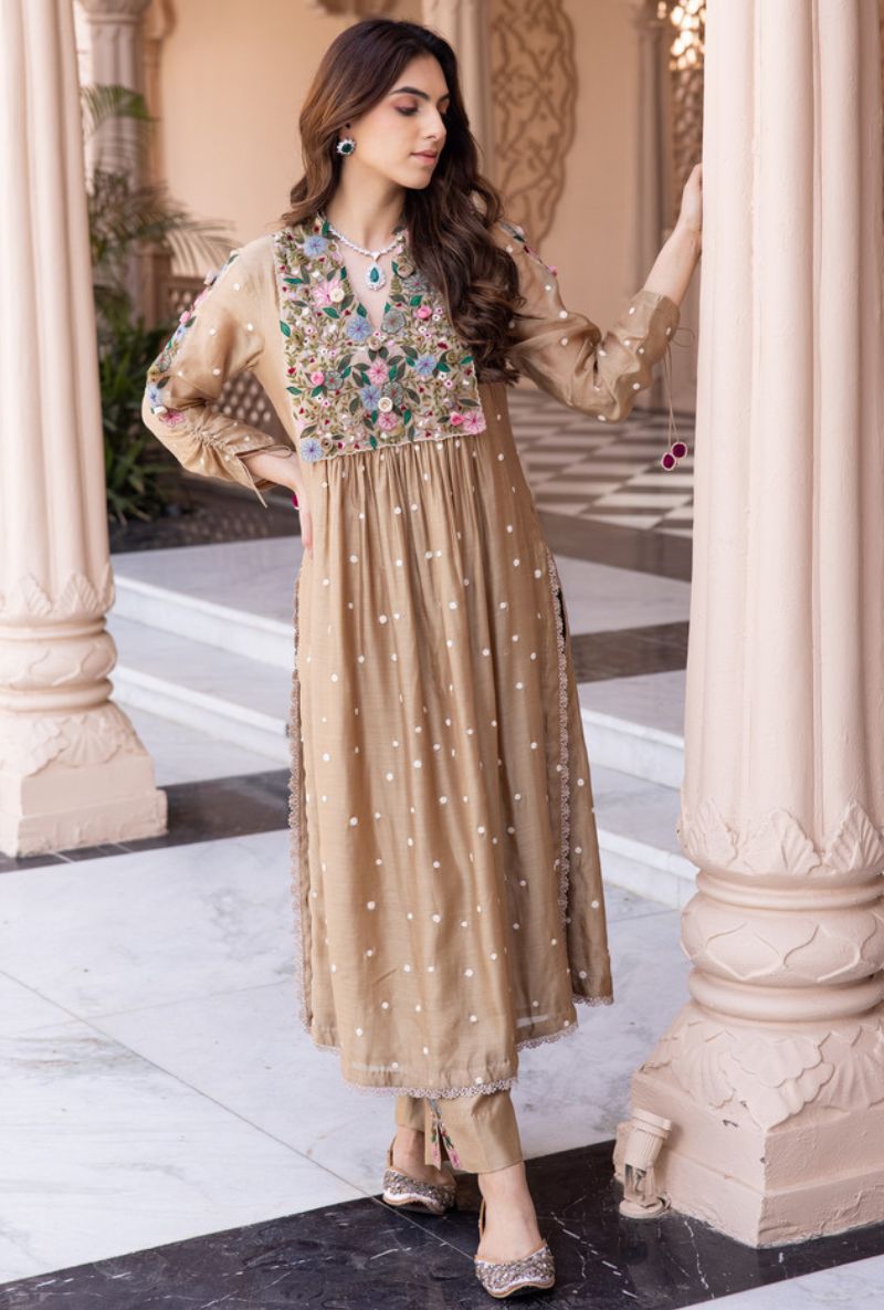 Beige Orchid Frockstyle Sahiba Kurta Set