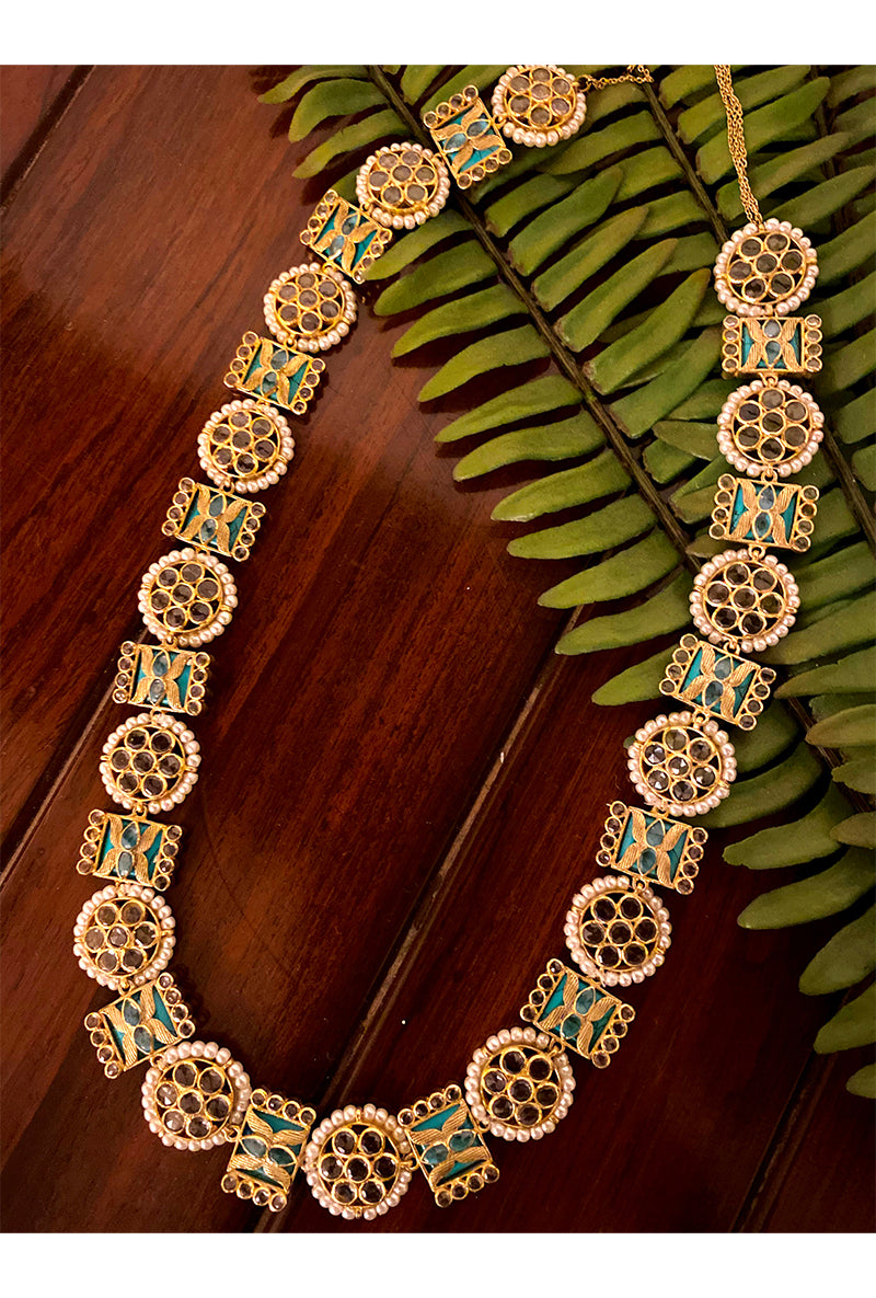 Gold Plated Silver Long Mala With Open Set Rosecut Polki & Special Cut Turquoise Stone