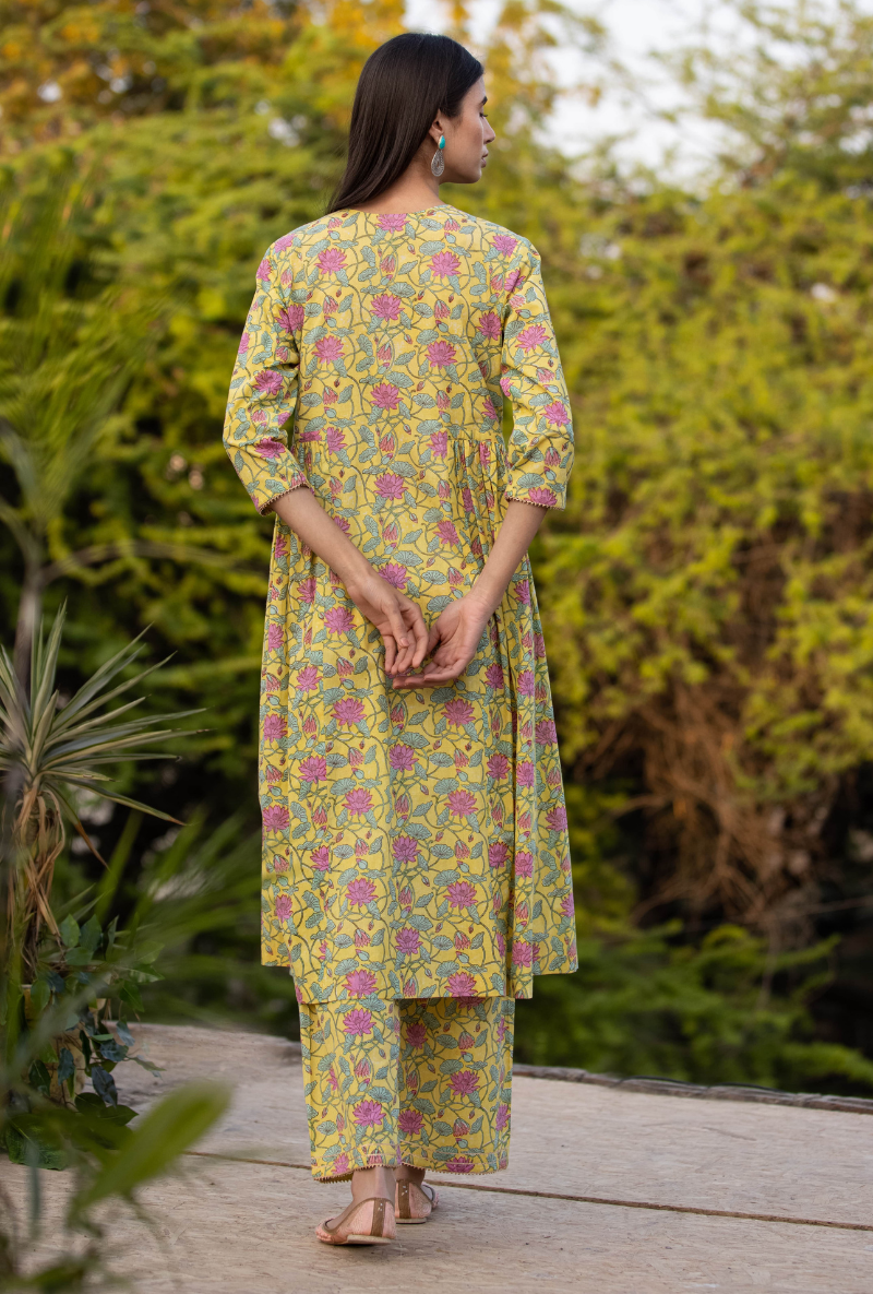 Yellow/Pink Pankhuri Anarkali Kurta Set