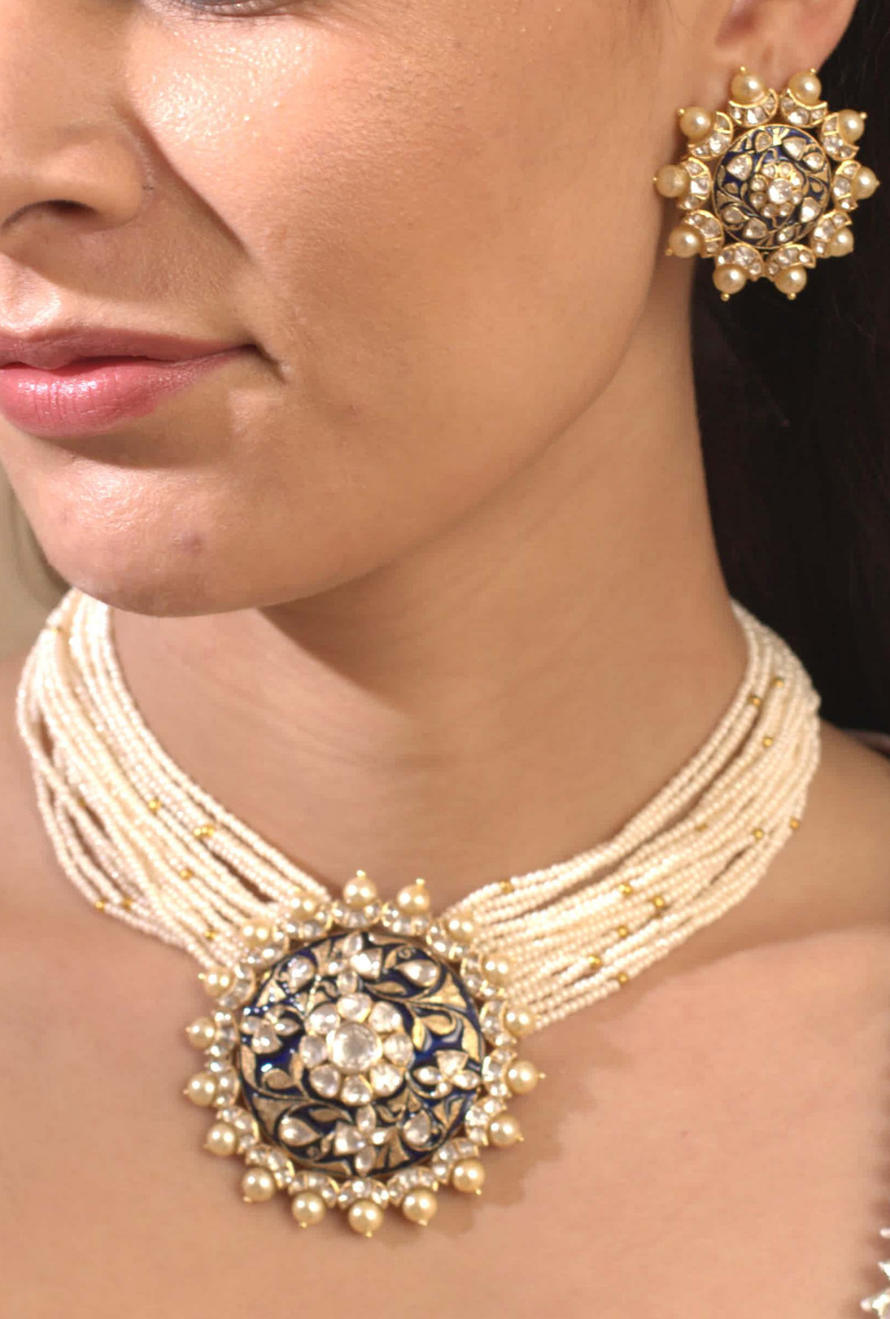 Gold Plated Silver Polki Pendant Necklace And Ear Studs With Blue Enamel & Pearls