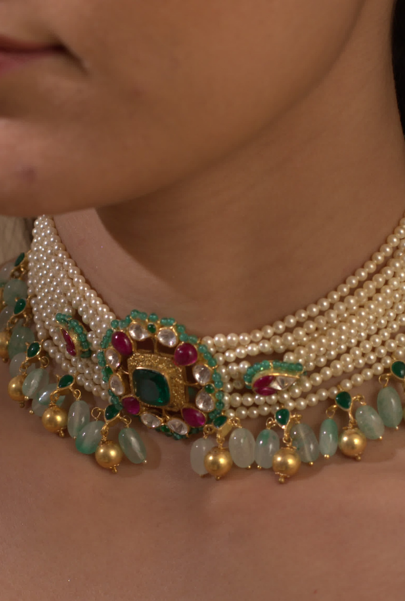 Gold Plated Silver Polki Choker Set Strung With Pearl Chains & Green Drops With Earrings