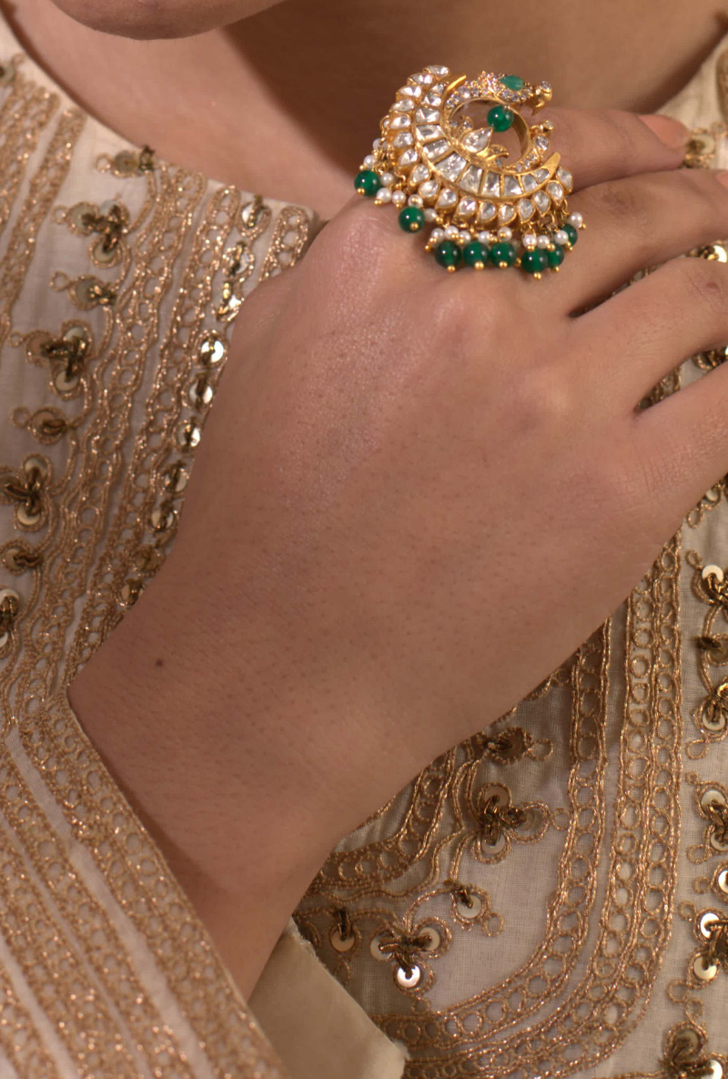 Gold Plated Silver Polki Bird Ring With Green Stones & Pearls