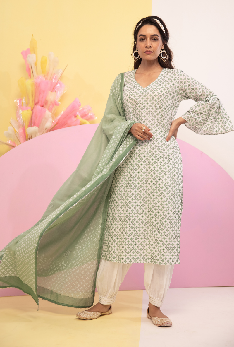 Green Cotton Candy Frill Sleeve Kurta Set