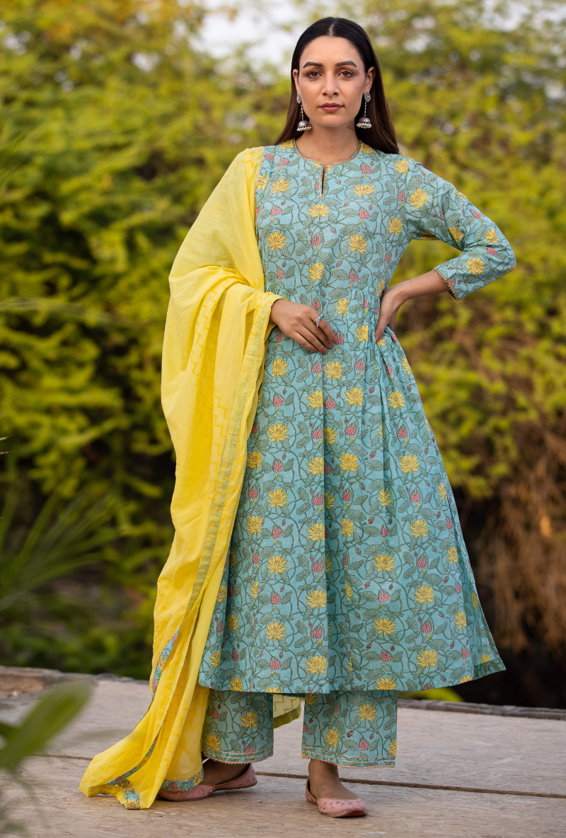 Aqua/Yellow Pankhuri Anarkali Kurta Set